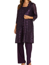 RM Richards 1993 PLUM Lace 3/4 Sleeve 3-Piece Pant Set