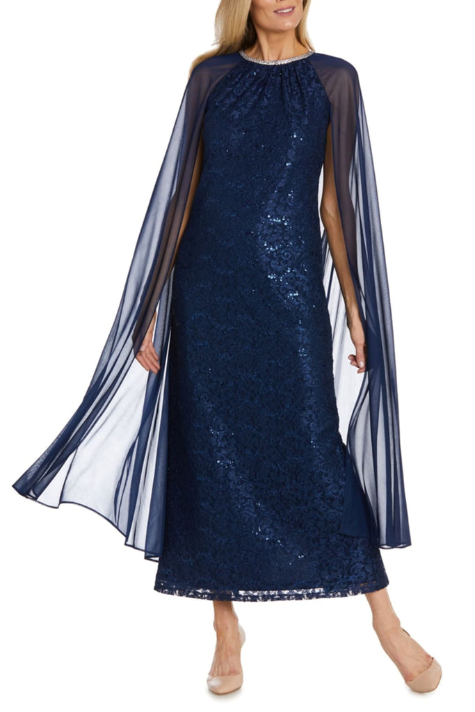 RM Richards 2887 NAVY Sequin Lace Attached Cape Evening Gown - Navy / 6