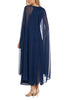 RM Richards 2887 NAVY Sequin Lace Attached Cape Evening Gown