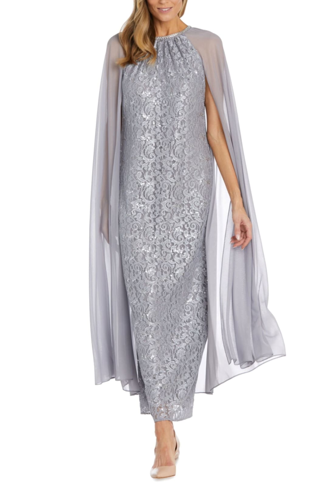 RM Richards 2887 SILVER Sequin Lace Attached Cape Evening Gown - Silver / 8