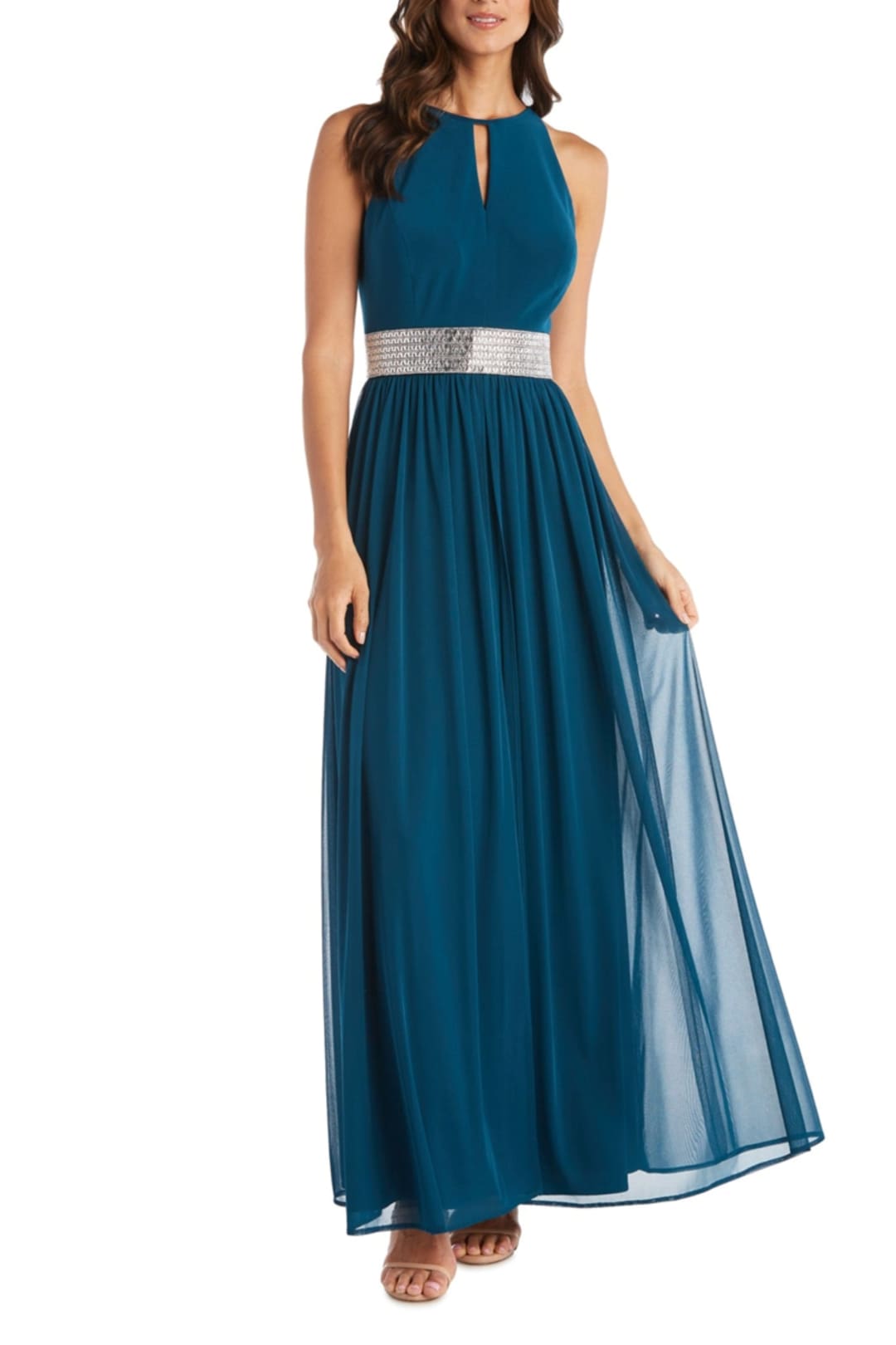 RM Richards 5405 TEAL Halter Embellished Belt Long Dress - TEAL / 16 RM Richards 5405 TEAL Halter Embellished Belt Long Dress - TEAL / 16