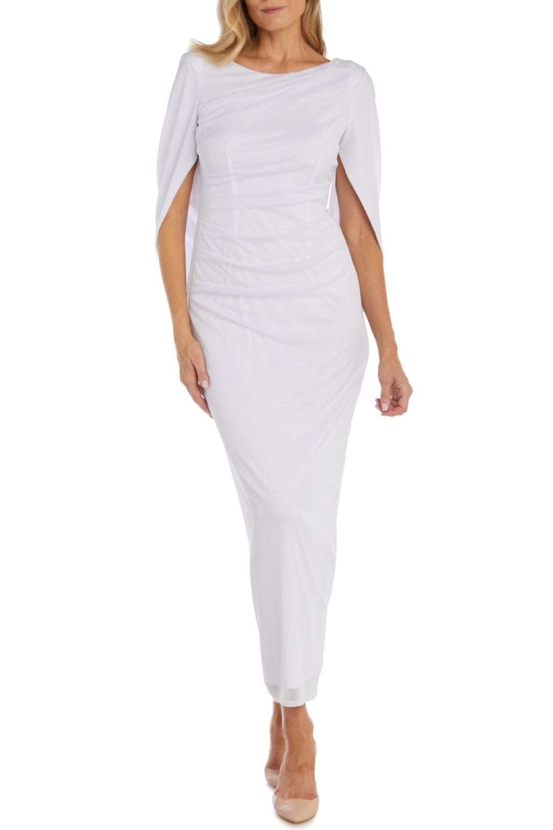 RM Richards 7424 White Shimmer Cape Gown with Built-In Cape