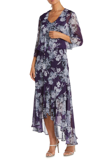 RM Richards 7973 Purple Metallic Floral High Low Jacket Dress - Purple