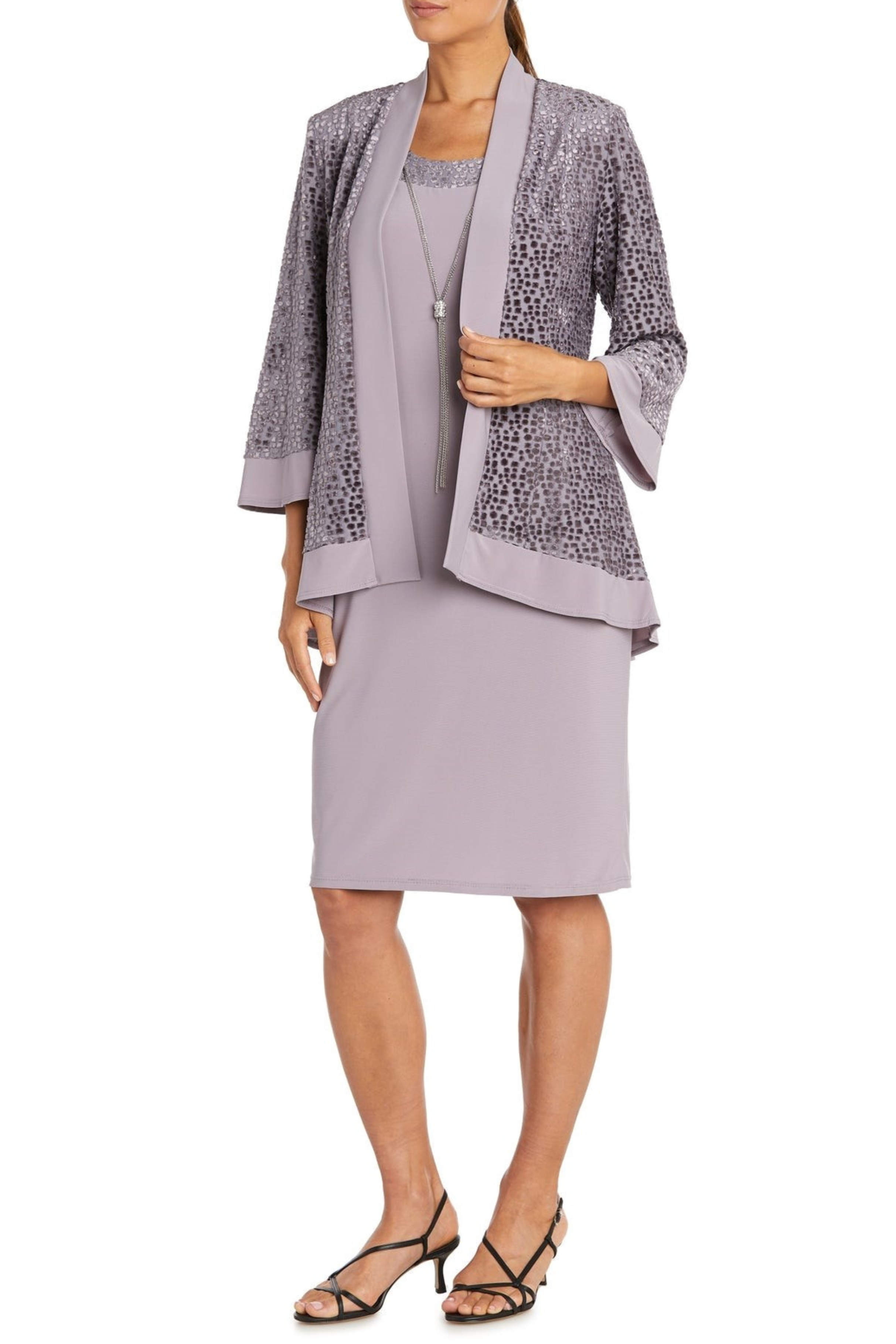 Burn-Out Velvet 2-Piece Jacket Dress with Sleeveless, Lace Detail, and Necklace Detail by R&M Richards 7597
