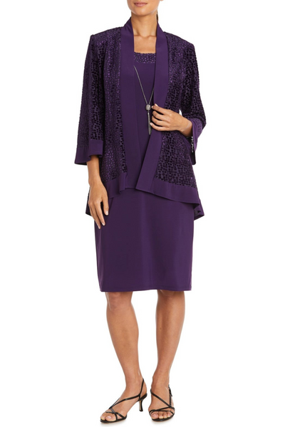 Burn-Out Velvet 2-Piece Jacket Dress with Sleeveless, Lace Detail, and Necklace Detail by R&M Richards 7597