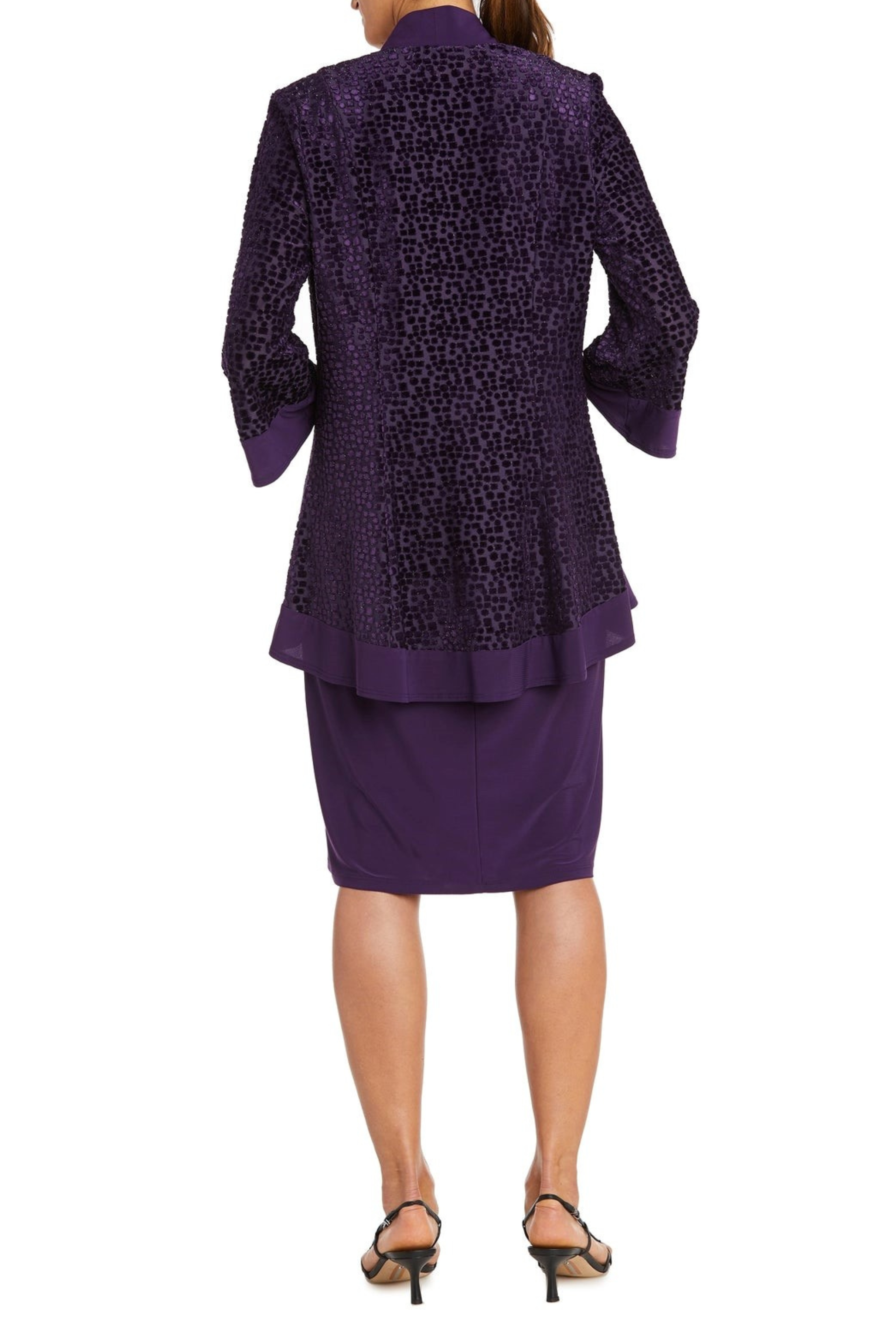 Burn-Out Velvet 2-Piece Jacket Dress with Sleeveless, Lace Detail, and Necklace Detail by R&M Richards 7597