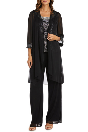 Black Silver 3-Piece Beaded Neck Duster Pants Set with Coordinating Jacket and Pant Set by R&M Richards 7676