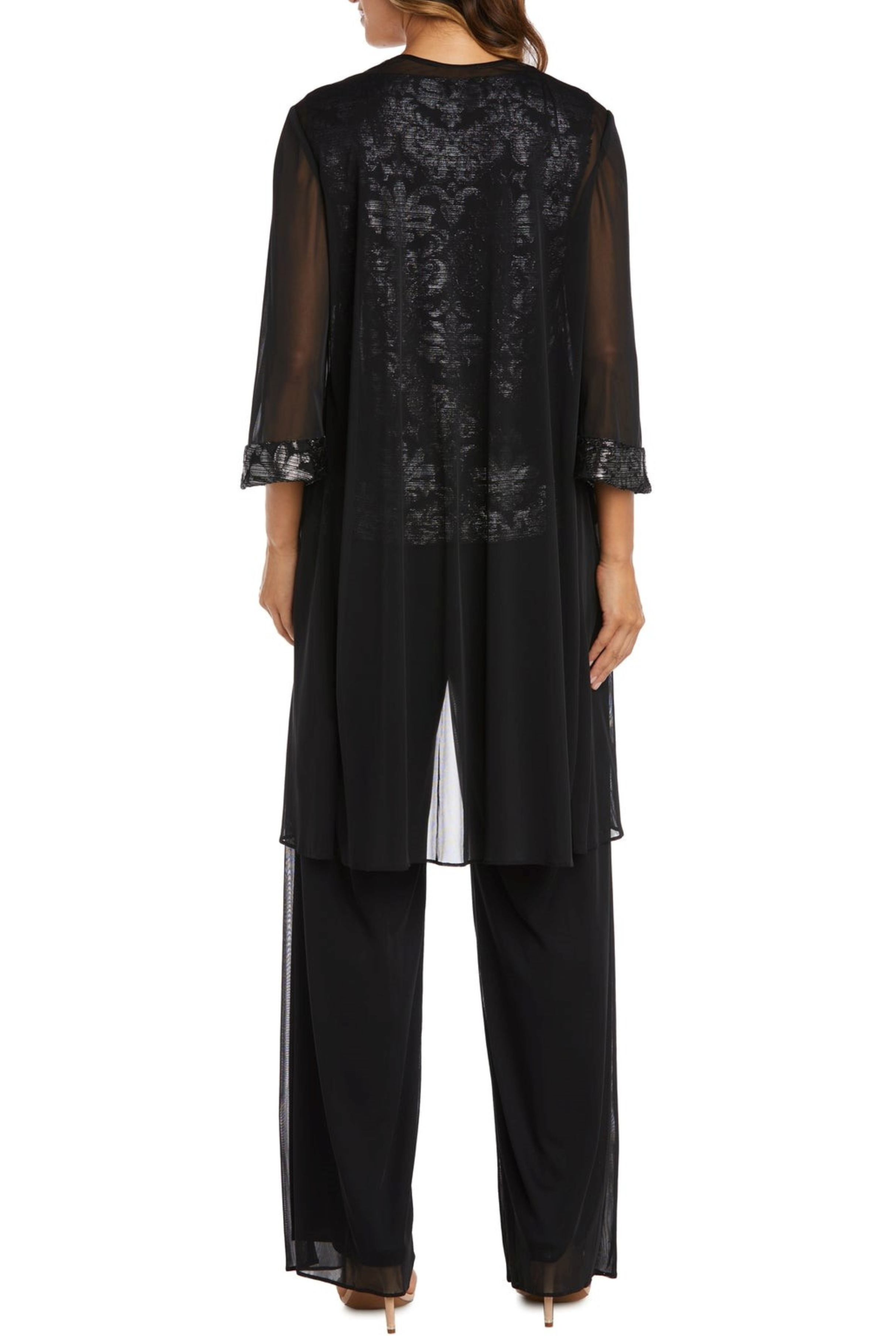 Black Silver 3-Piece Beaded Neck Duster Pants Set with Coordinating Jacket and Pant Set by R&M Richards 7676