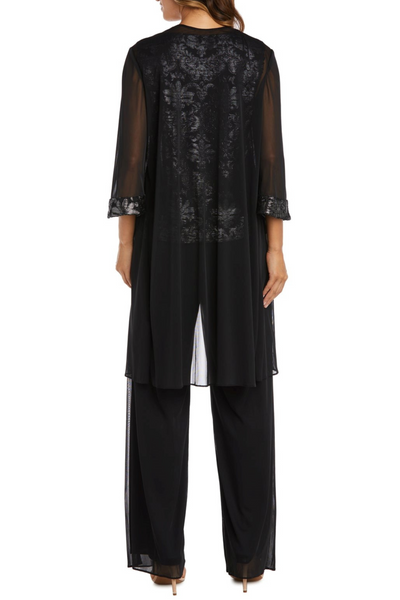 Black Silver 3-Piece Beaded Neck Duster Pants Set with Coordinating Jacket and Pant Set by R&M Richards 7676
