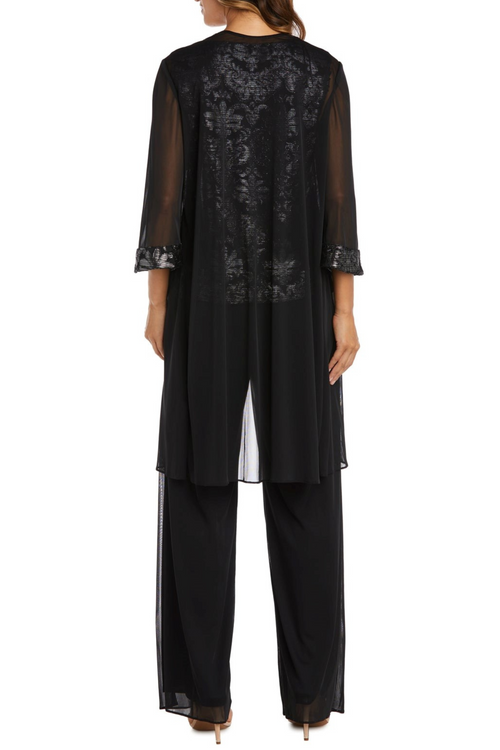Black Silver 3-Piece Beaded Neck Duster Pants Set with Coordinating Jacket and Pant Set by R&M Richards 7676