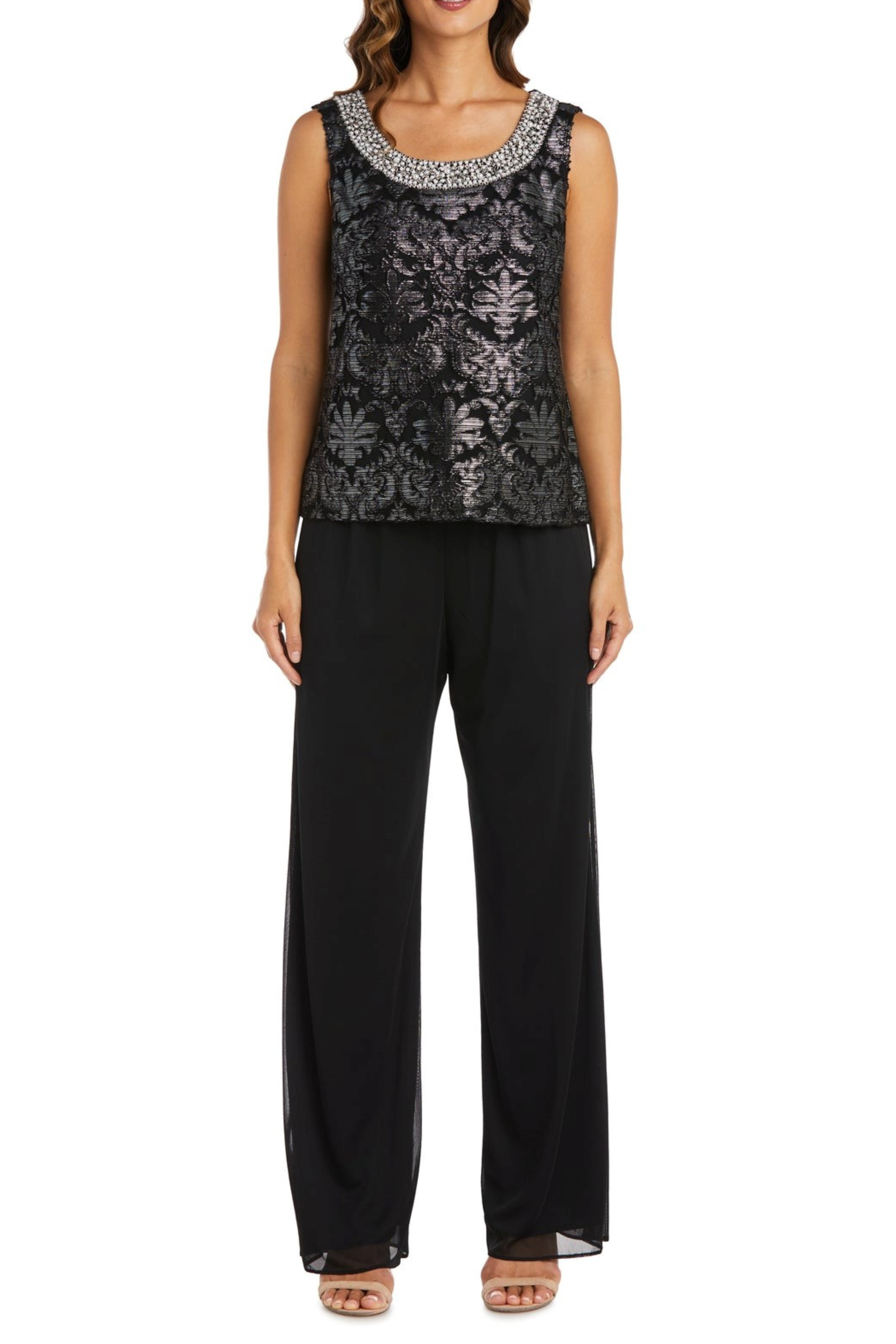 Black Silver 3-Piece Beaded Neck Duster Pants Set with Coordinating Jacket and Pant Set by R&M Richards 7676