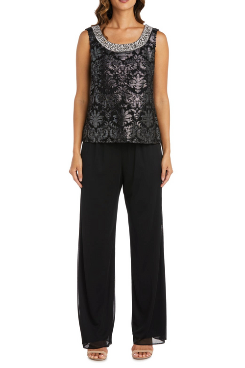 Black Silver 3-Piece Beaded Neck Duster Pants Set with Coordinating Jacket and Pant Set by R&M Richards 7676