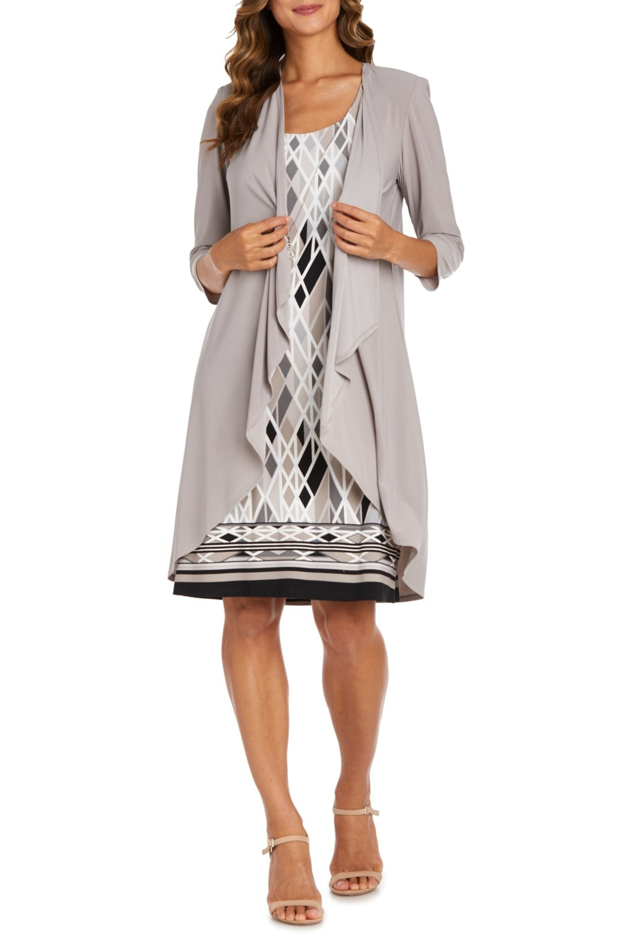 Taupe Black Multi Print 2 Piece Jacket Dress with Lace Detail and Necklace Detail by R&M Richards 7987