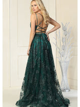 Royal Queen RQ7738 V Neck Floral Applique Thigh High Slit Prom Dress