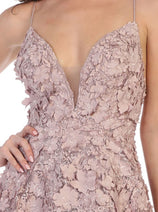 Royal Queen RQ7738 V Neck Floral Applique Thigh High Slit Prom Dress