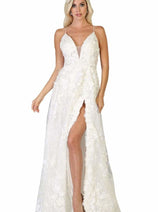 Royal Queen RQ7738 V Neck Floral Applique Thigh High Slit Prom Dress