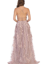 Royal Queen RQ7738 V Neck Floral Applique Thigh High Slit Prom Dress