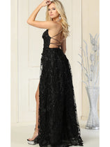 Royal Queen RQ7738 V Neck Floral Applique Thigh High Slit Prom Dress