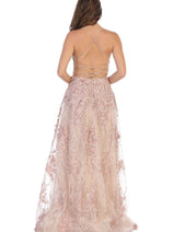 Royal Queen RQ7738 V Neck Floral Applique Thigh High Slit Prom Dress