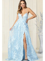 Royal Queen RQ7738 V Neck Floral Applique Thigh High Slit Prom Dress