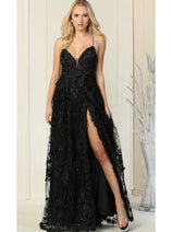 Royal Queen RQ7738 V Neck Floral Applique Thigh High Slit Prom Dress