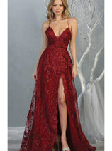 Royal Queen RQ7738 V Neck Floral Applique Thigh High Slit Prom Dress