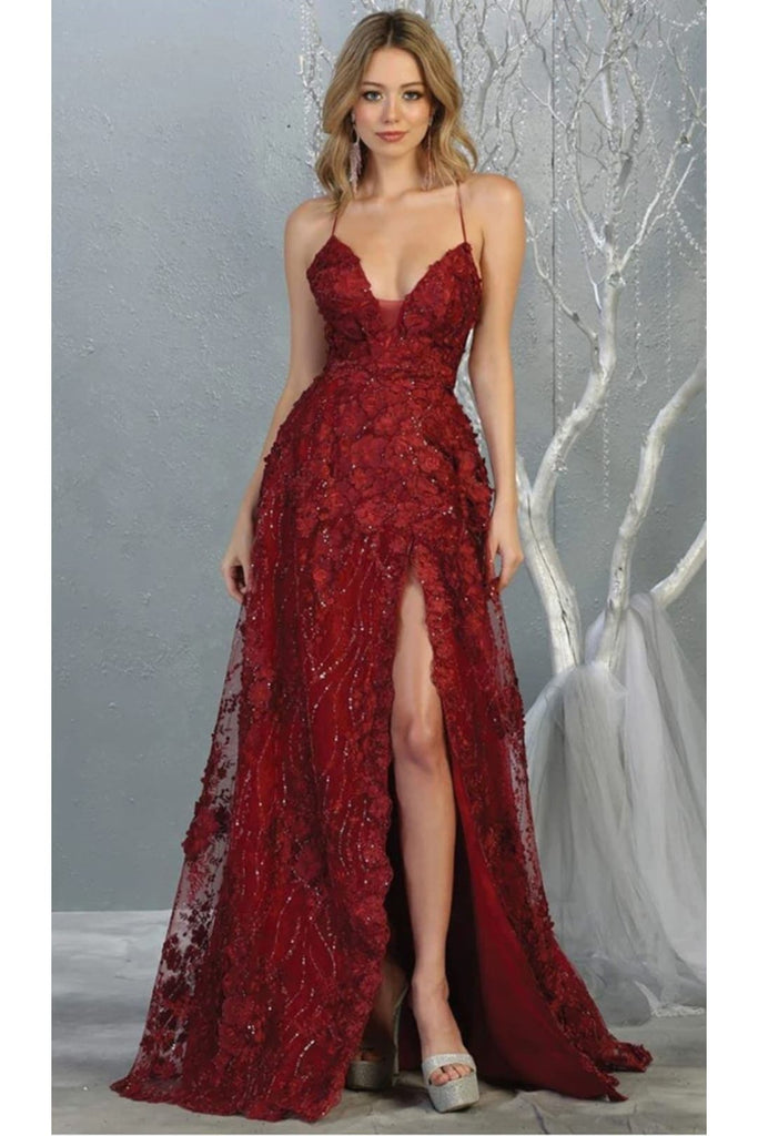 Thigh High Slit Prom Dress - BURGUNDY / 2