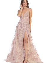 Royal Queen RQ7738 V Neck Floral Applique Thigh High Slit Prom Dress