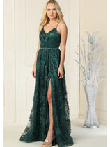 Royal Queen RQ7738 V Neck Floral Applique Thigh High Slit Prom Dress