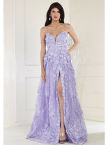 Royal Queen RQ7738 V Neck Floral Applique Thigh High Slit Prom Dress