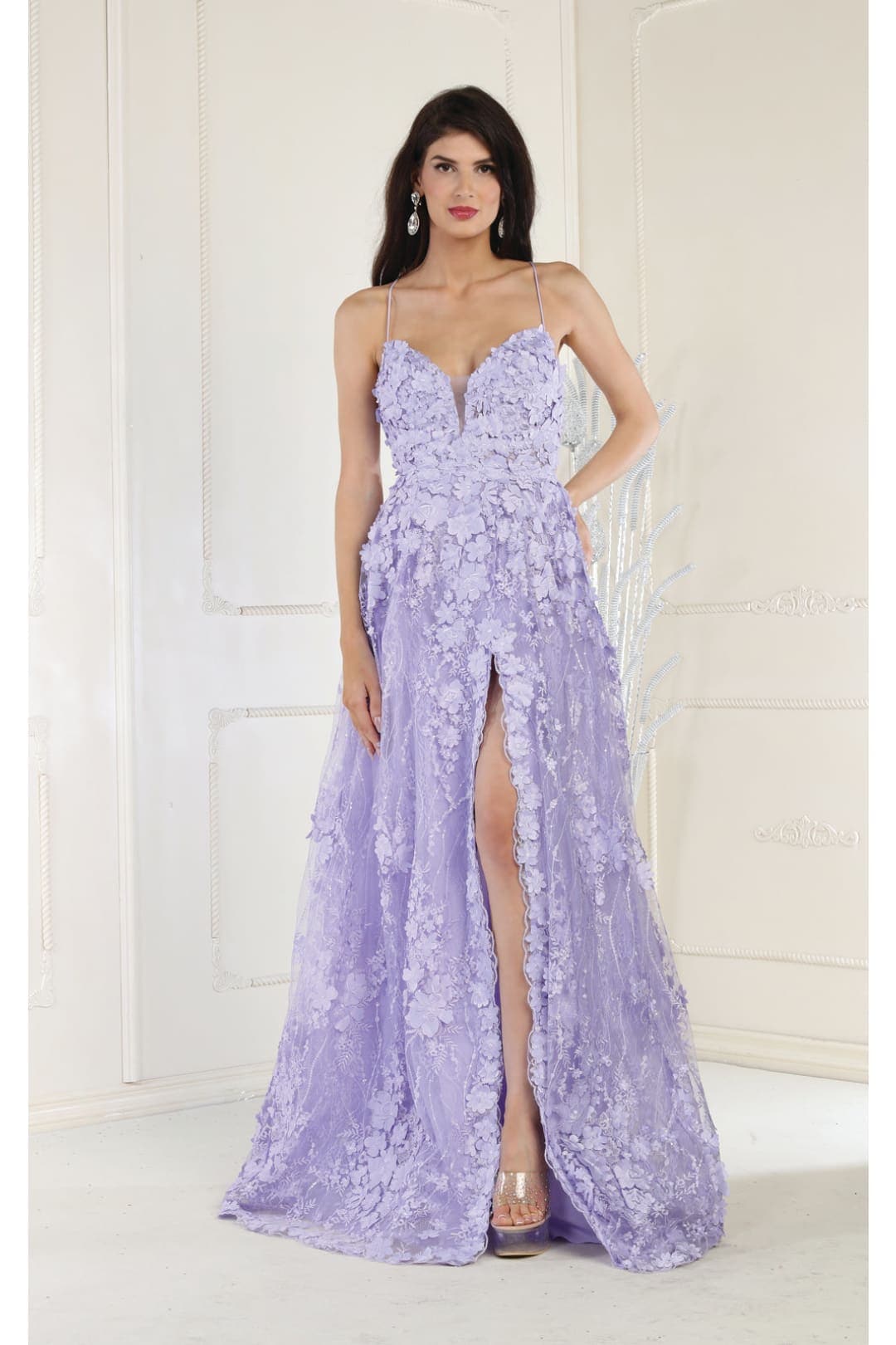 Thigh High Slit Prom Dress - LILAC / 2