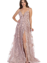 Royal Queen RQ7738 V Neck Floral Applique Thigh High Slit Prom Dress