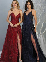 Royal Queen RQ7738 V Neck Floral Applique Thigh High Slit Prom Dress