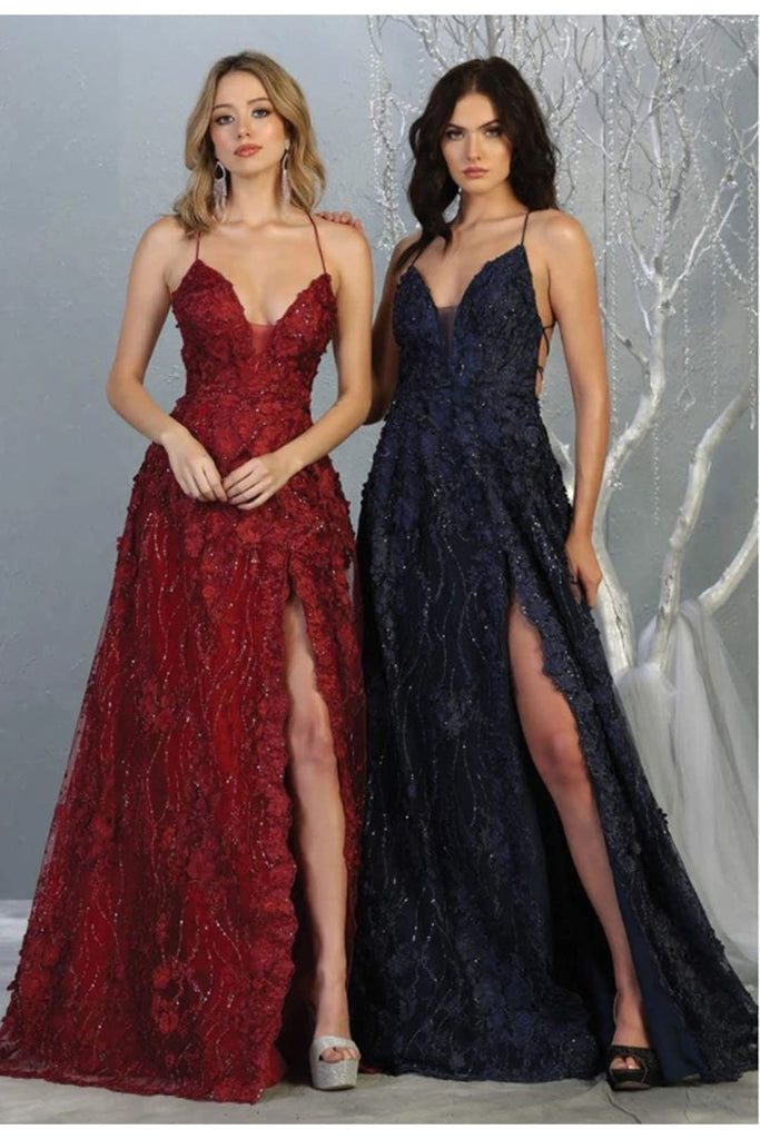 Thigh High Slit Prom Dress - NAVY / 2