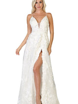 Royal Queen RQ7738 V Neck Floral Applique Thigh High Slit Prom Dress