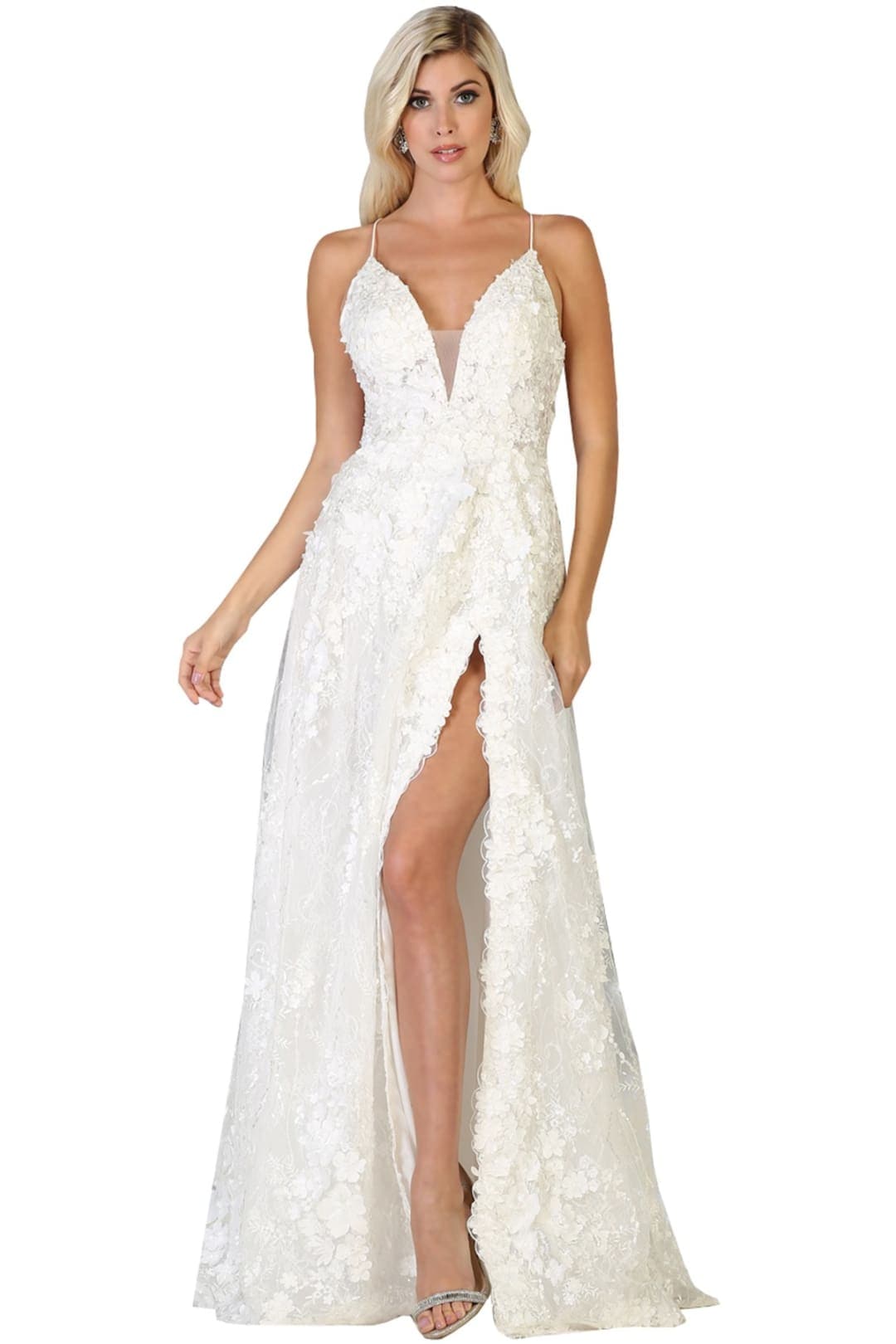 Thigh High Slit Prom Dress - WHITE / 2
