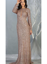 Royal Queen RQ7795 Long Sleeve Stretchy Red Carpet Sequin Formal Dress
