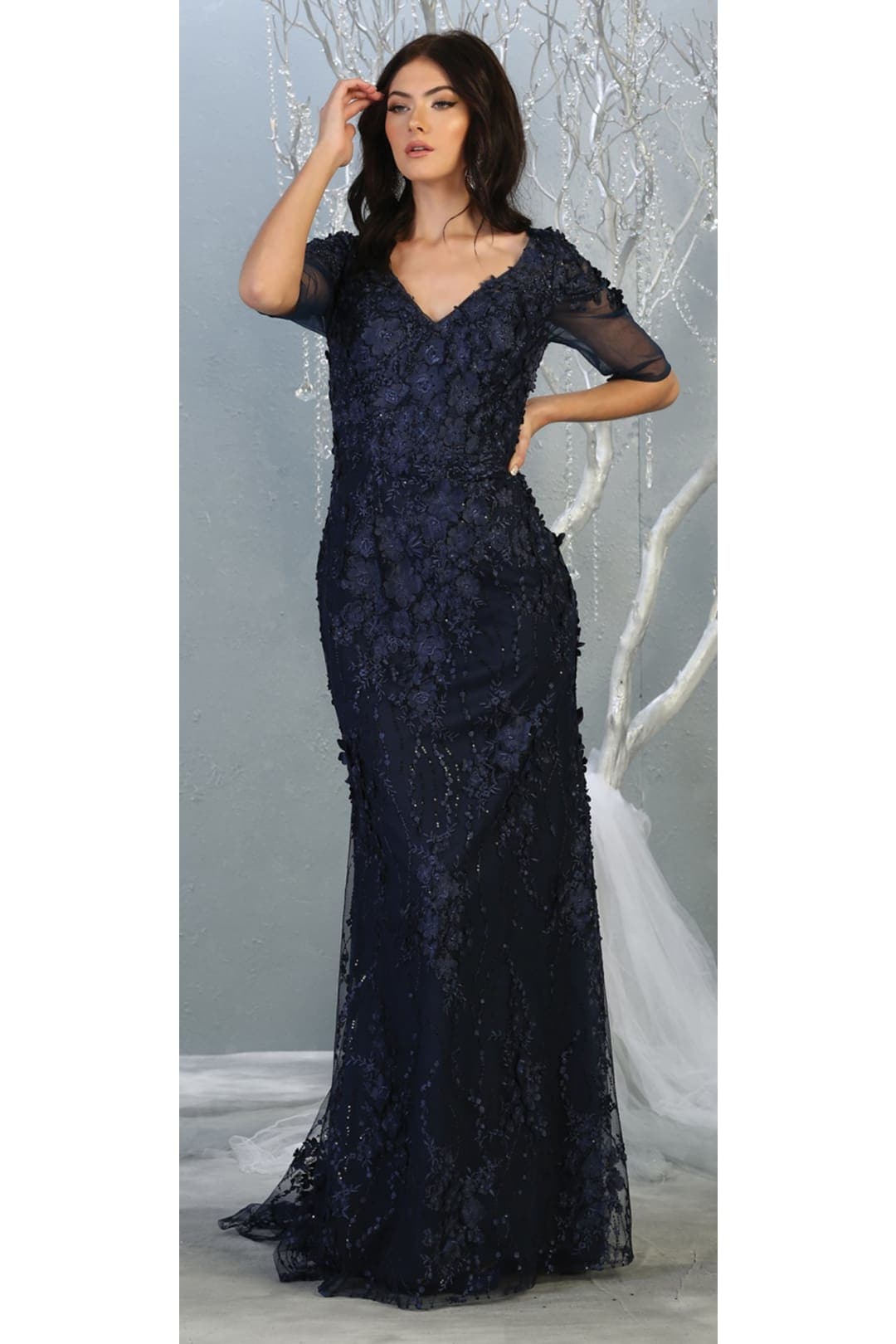 3/4 Sleeve Mother Of The Bride Formal Gown - NAVY BLUE / M