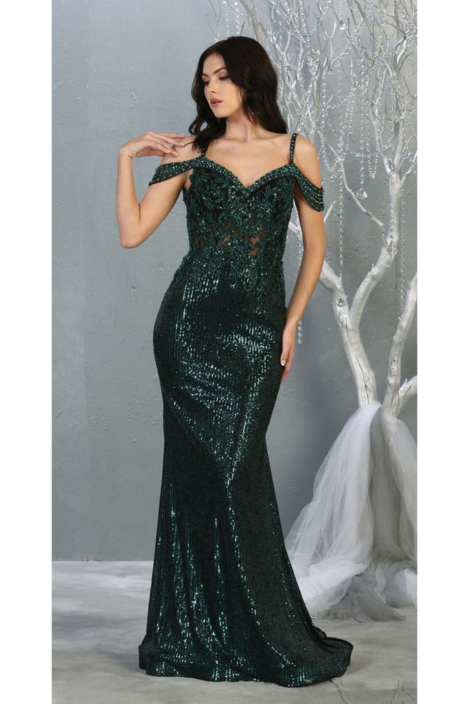 Fancy Off shoulder Formal Gown - Hunter Green / 4