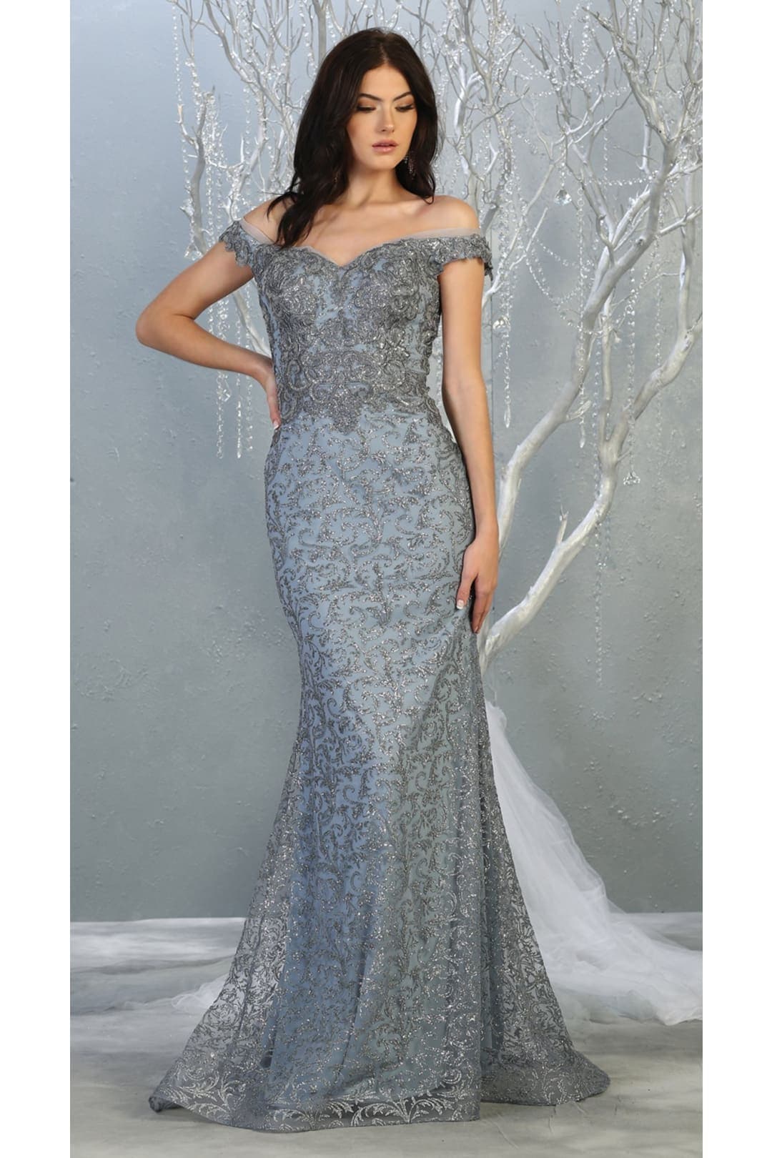 Off Shoulder Long Formal Gown - Dusty Blue / 4 - Dress