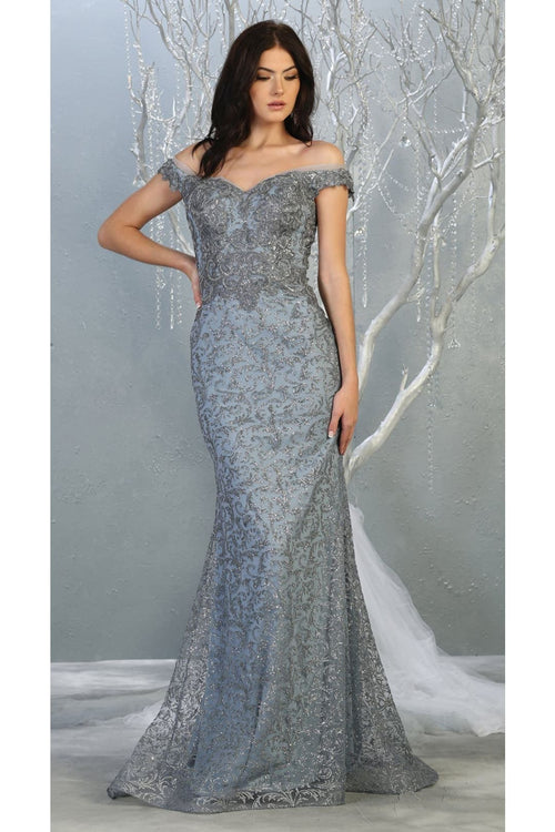 Off Shoulder Long Formal Gown - Dusty Blue / 4 - Dress