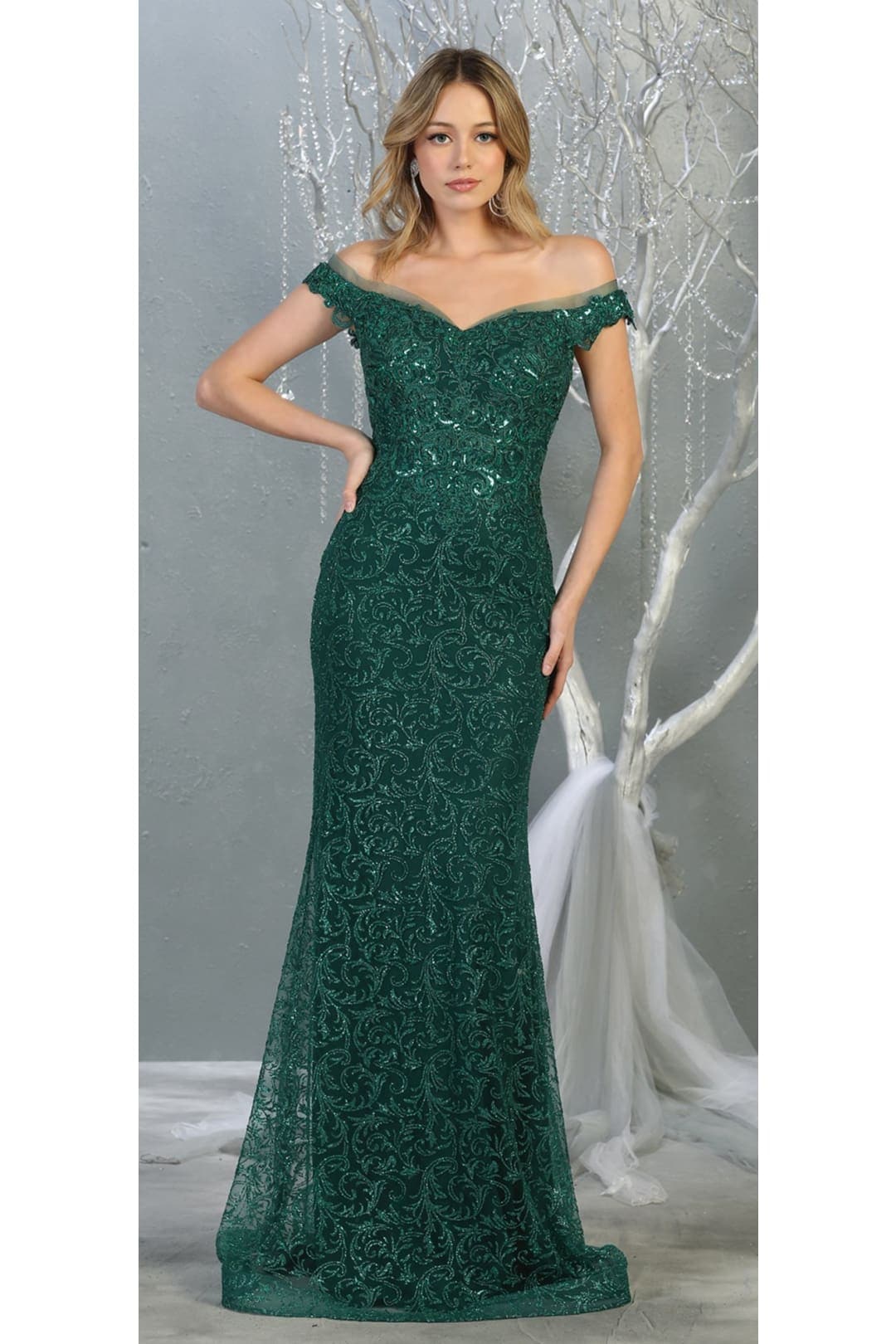Off Shoulder Long Formal Gown - Hunter Green / 4 - Dress