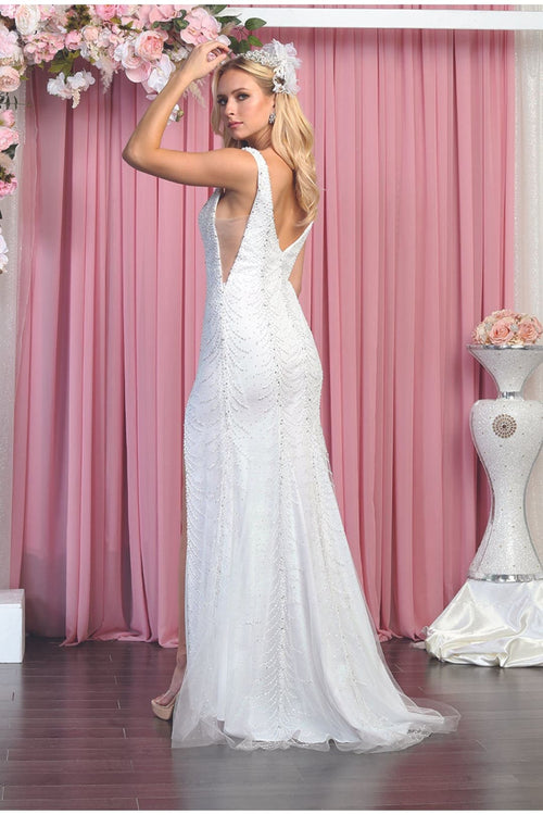 V-Neck Beaded Long Wedding Gown - Dress