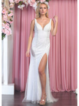 Royal Queen RQ7881 V-Neck Beaded Long White Formal Bridal Wedding Gown