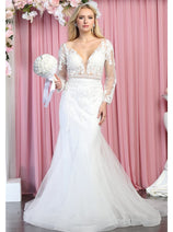 Royal Queen RQ7892 Embroidered Trumpet Long Sleeve Wedding Dress