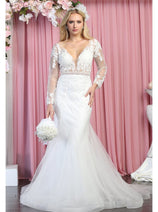 Royal Queen RQ7892 Embroidered Trumpet Long Sleeve Wedding Dress