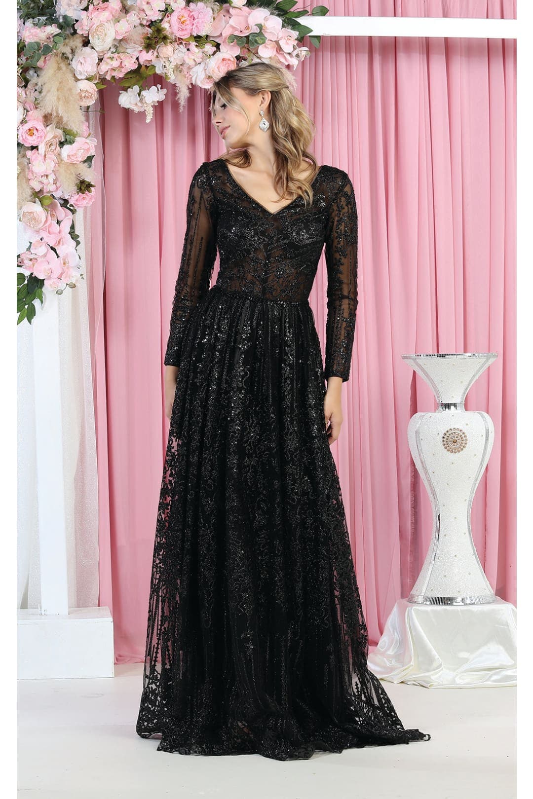 Royal Queen RQ7920 Glitter Floor Sweeping Prom Dress Long Sleeve - Black / 6