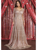 Royal Queen RQ7920 Glitter Floor Sweeping Prom Dress Long Sleeve