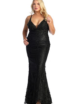Royal Queen RQ7932B V-neck 3D Floral Applique Plus Size Black Dress