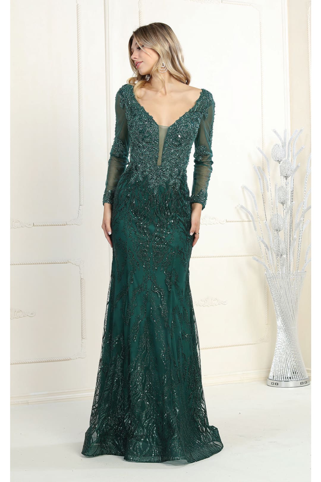 Royal Queen RQ7937 Long Sleeve Plus Size Mother Of The Bride Dress - HUNTER GREEN / L - Dress